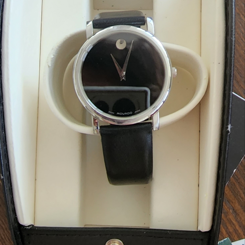 Lightly Used Black Face MOVADO mens Watch With Black Leather Wristband